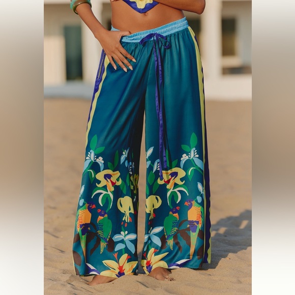 Anthropologie Celandine x Claire Colin Teal Wide Leg Drawstring Pants L Spring - Picture 3 of 8